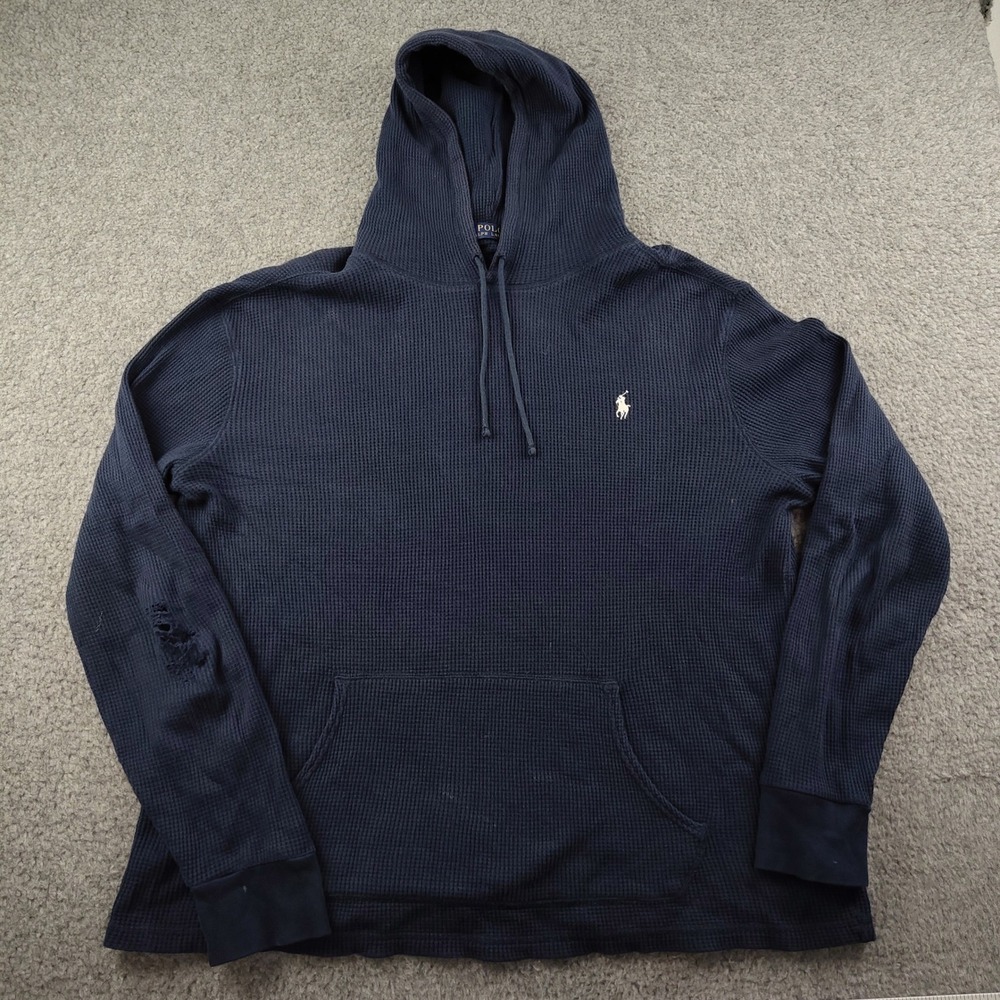 Polo Ralph Lauren Hoodie Mens Large Waffle Knit Thermal Navy Blue 100% Cotton
